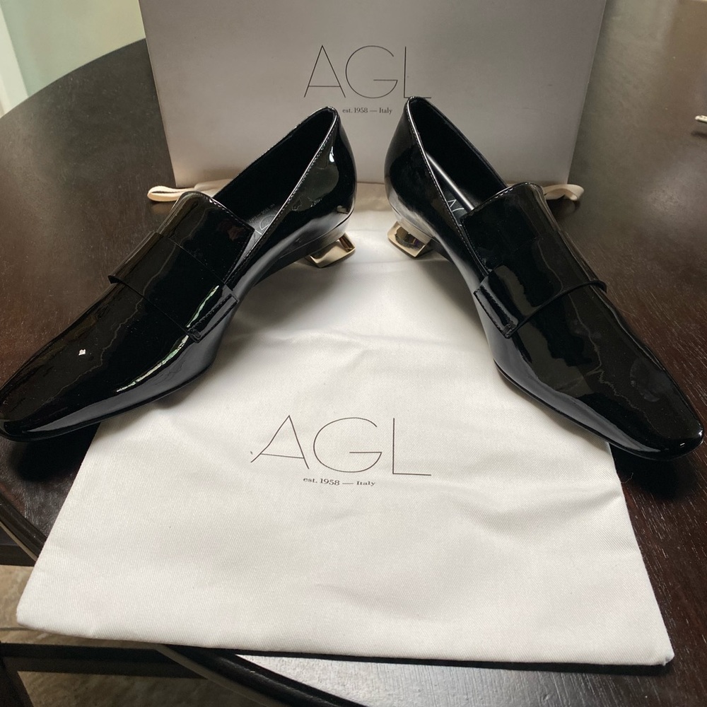 AGL black patent leather with gold heels